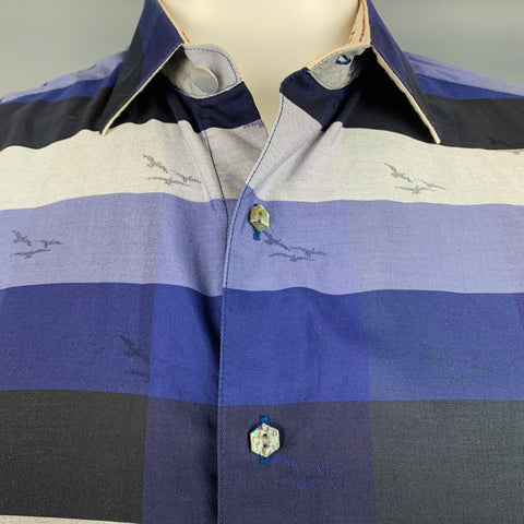 ROBERT GRAHAM Size L Blue Black Grey Stripe Cotton Short Sleeve Shirt