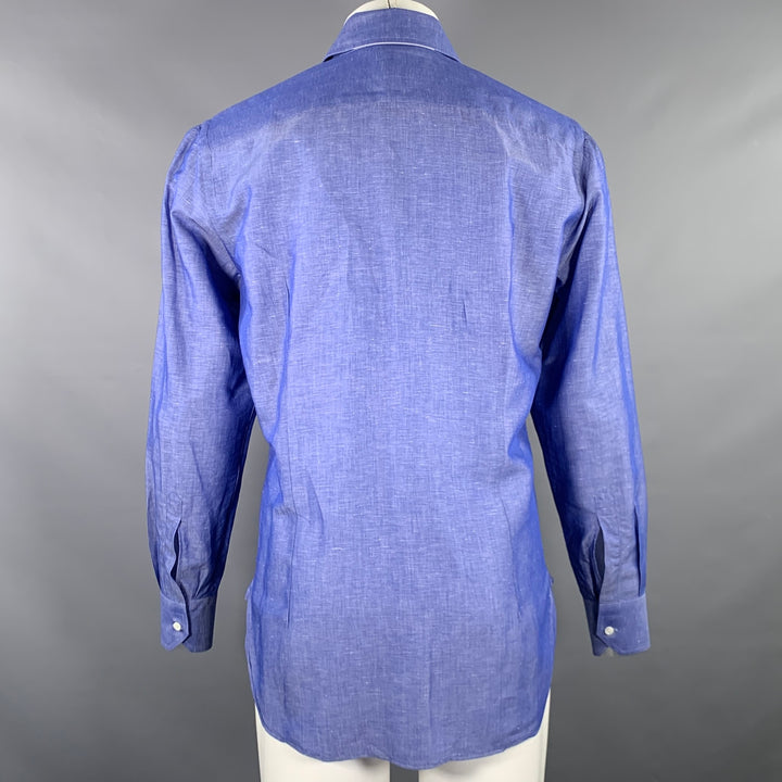 CIFONELLI Size M Blue Cotton Linen Cutaway Collar Long Sleeve Shirt