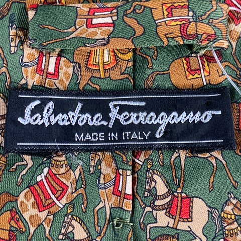 SALVATORE FERRAGAMO Green Taupe Horses Silk Tie