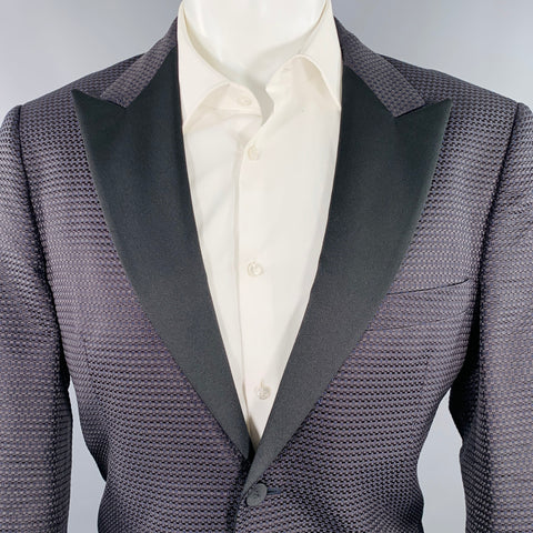 VALENTINO Size 40 Black Navy Textured Silk Peak Lapel Tuxedo Jacket