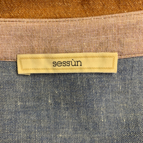 SESSU'N Size S Blue Purple Brown Linen Viscose Color Block Ruched Shirt