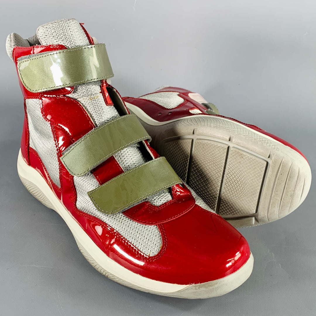 PRADA Size 11 America's Cup Red Silver  Mesh High Top Sneakers