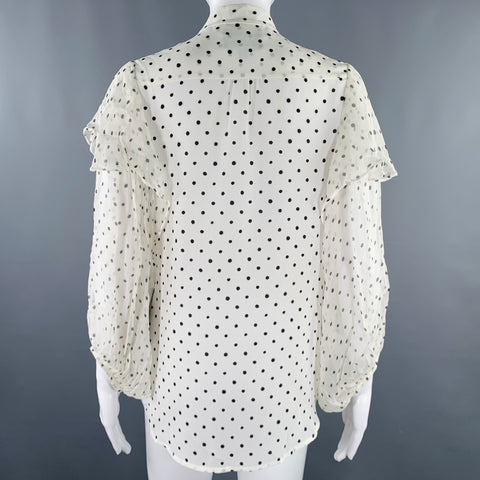 SALONI Size 2 White Black Silk Polka Dot Balloon Blouse