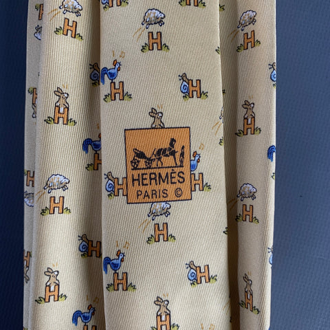 HERMES Green Multi-Color Monogram Silk Tie