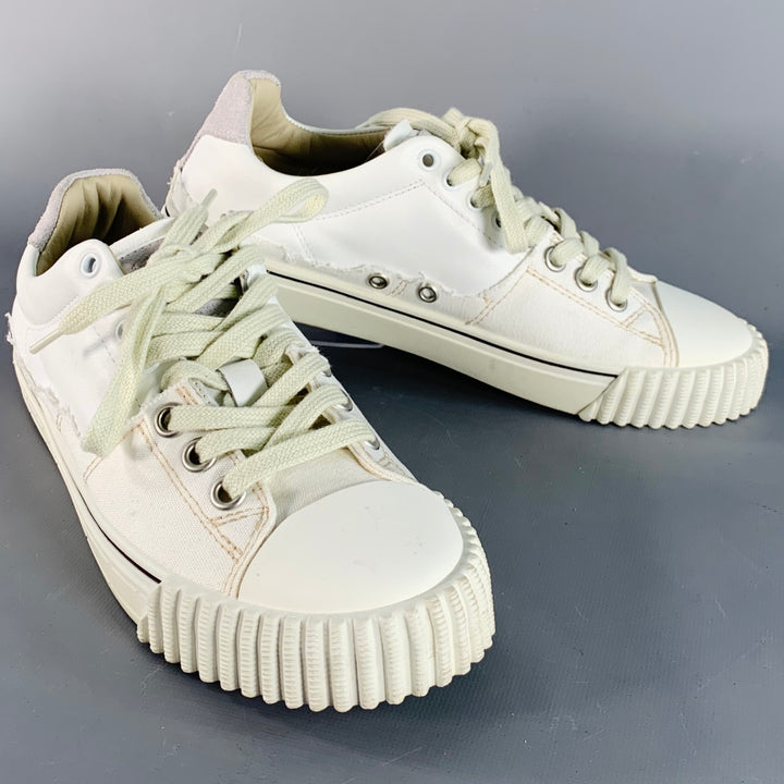 MAISON MARGIELA NEW EVOLUTION Size 5 White Leather Canvas Distressed Low Top Sneakers
