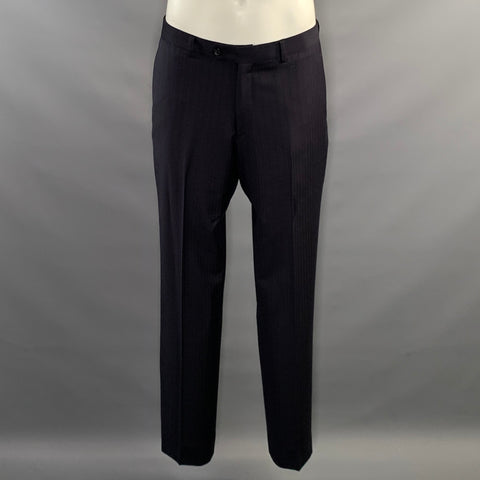 E-RAVE CUSTOM SHOP Chest Size 40 Navy Rust Stripe Wool Notch Lapel 34 32 Suit