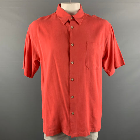 NEIMAN MARCUS Size XL Salmon Solid Silk Button Up Short Sleeve Shirt