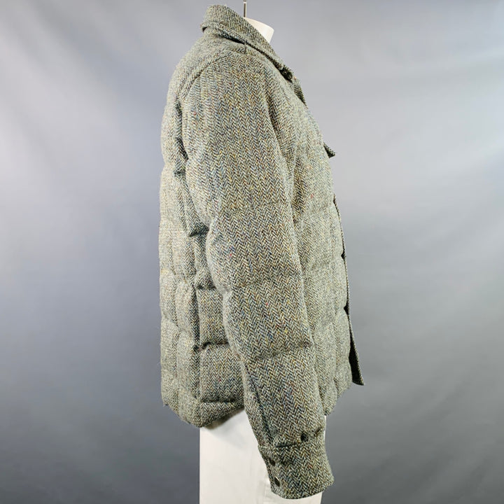 CRESCENT DOWN WORKS Size XL Green Herringbone Virgin Wool Snaps Jacket