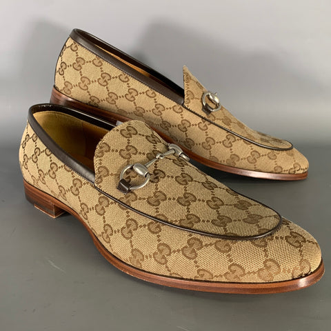 GUCCI Size 10.5 Brown Tan Monogram Canvas Loafers