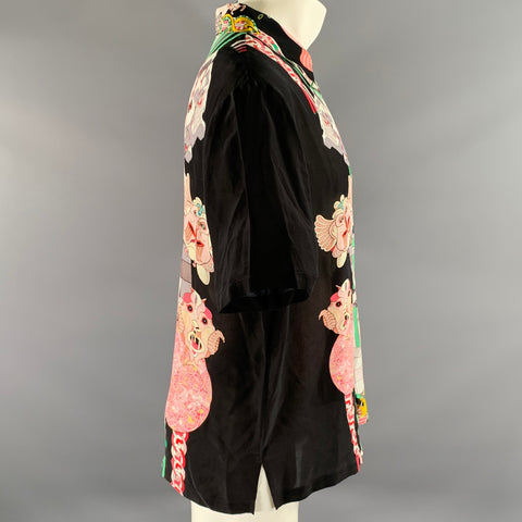 GORMAN Size 12 Black Pink Green Silk Viscose Print Pointed Collar Shirt
