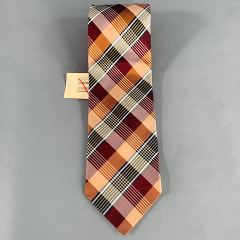 WILKES BASHFORD Burgundy Orange Plaid Silk Tie