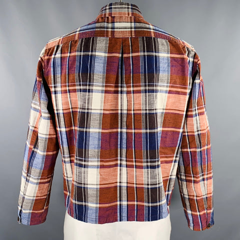 FUJITO Size XL Brown Navy Plaid Cotton Linen Zip Up Jacket