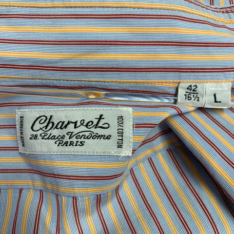 CHARVET Size L Blue Red Yellow Stripe Cotton Curved Cutaway Long Sleeve Shirt