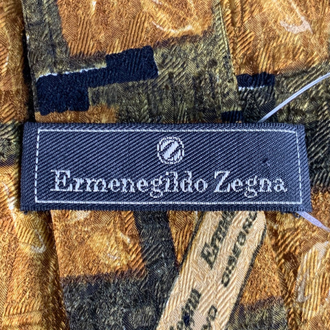 ERMENEGILDO ZEGNA Yellow Green Squares Leaves Silk Tie