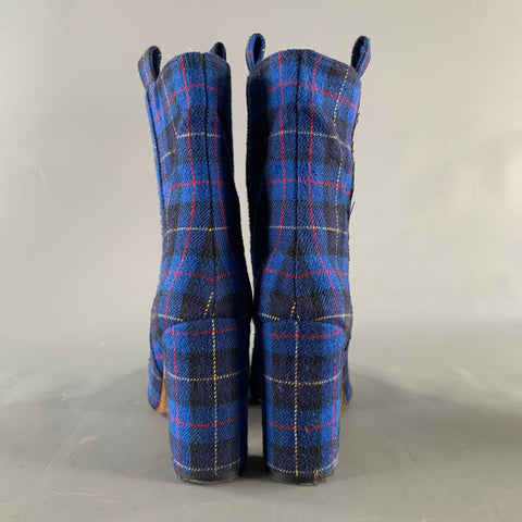 PARIS TEXAS Size 7 Blue Black & Red Wool Plaid Leather Trim Pull On Boots