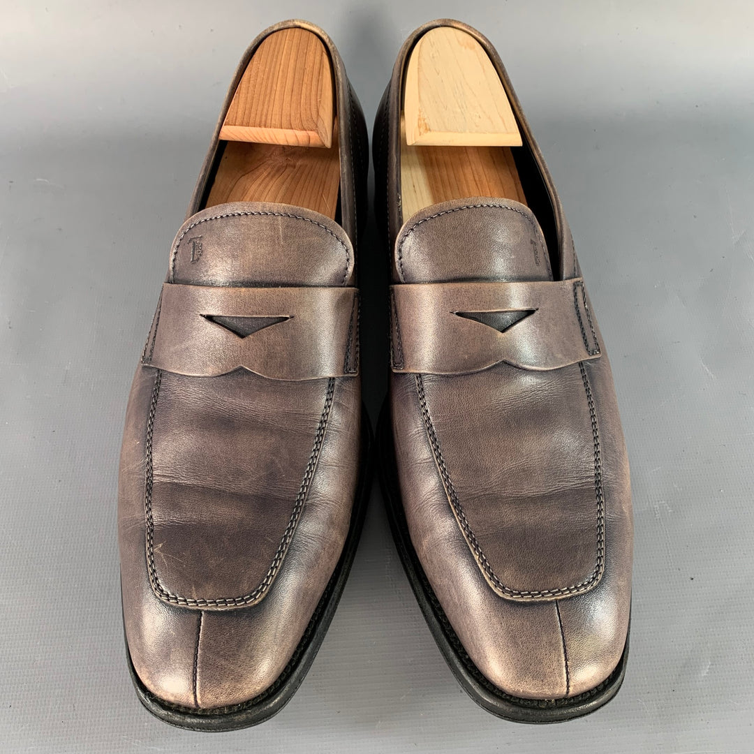 TOD'S Size 9 Grey Leather Split Toe Penny Loafers