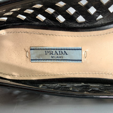 PRADA Size 6.5 Black White Leather Cut Out Pointed Toe Flats