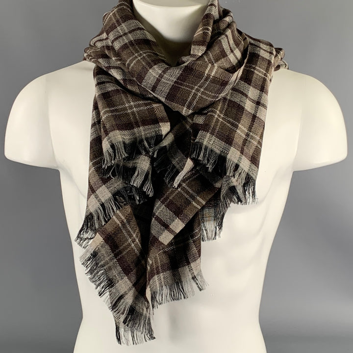 TOM FORD Brown Grey Plaid Cashmere / Silk Scarves