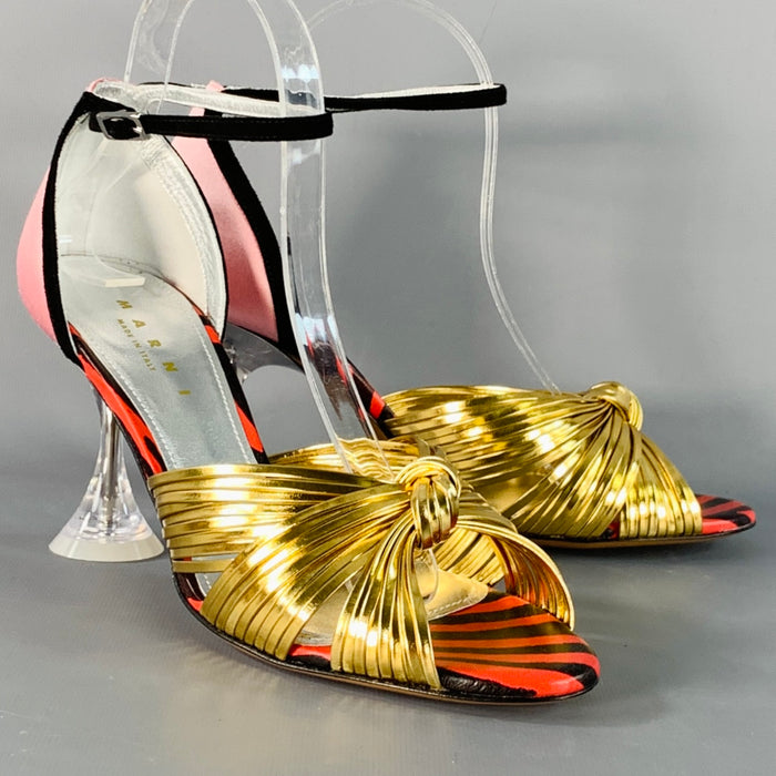 MARNI Size 9 Gold Pink Satin Leather Ankle Strap Stiletto Heels Sandals