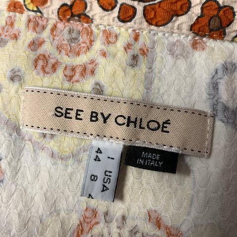 SEE By Chloe Size 8 Cream Rust Cotton Geometric Puff Shoulder Blouse