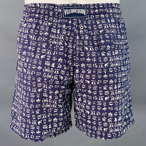 Maillot de bain à cordon de serrage VILEBREQUIN, taille L, en nylon, motif tropical abstrait, bleu marine et blanc