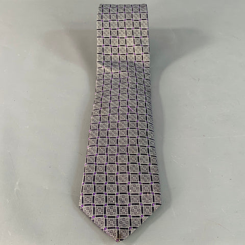 CANALI One Size Black Purple Checkered Jacquard Silk Tie