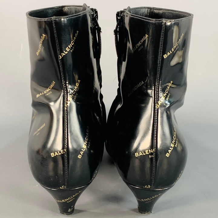 BALENCIAGA Size 8 Black Gold Logo Patent Leather Ankle Kitten Heel Boots