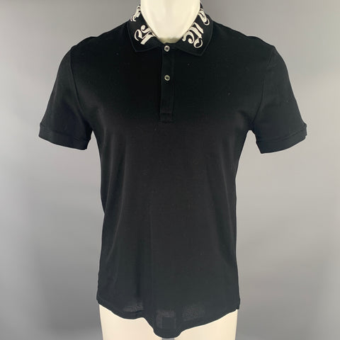 ALEXANDER MCQUEEN Size L Black White Embroidered Collar Polo
