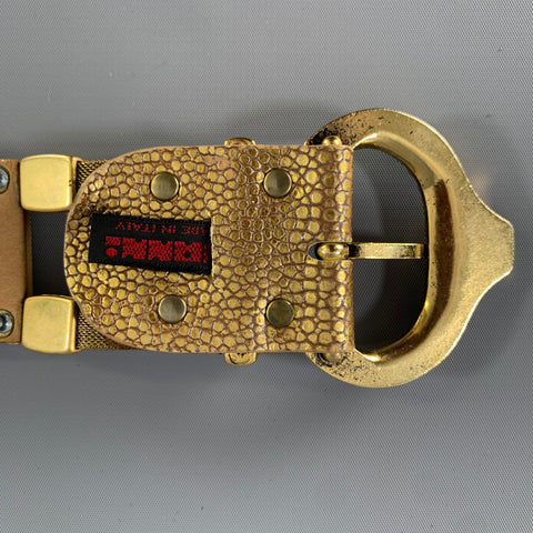 NANNI Waist Size 36 Gold Crackled Leather Trim Metallic Metal Belt