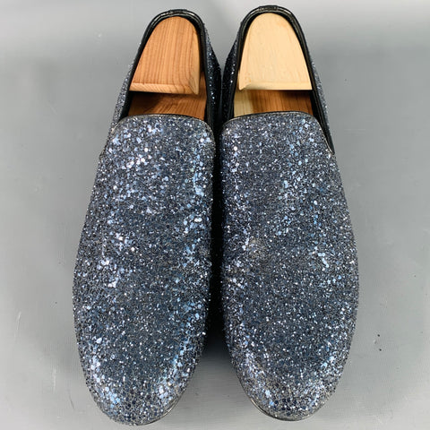 JIMMY CHOO Size 9 Thame Grey Black Glitter Leather Slip On Loafers