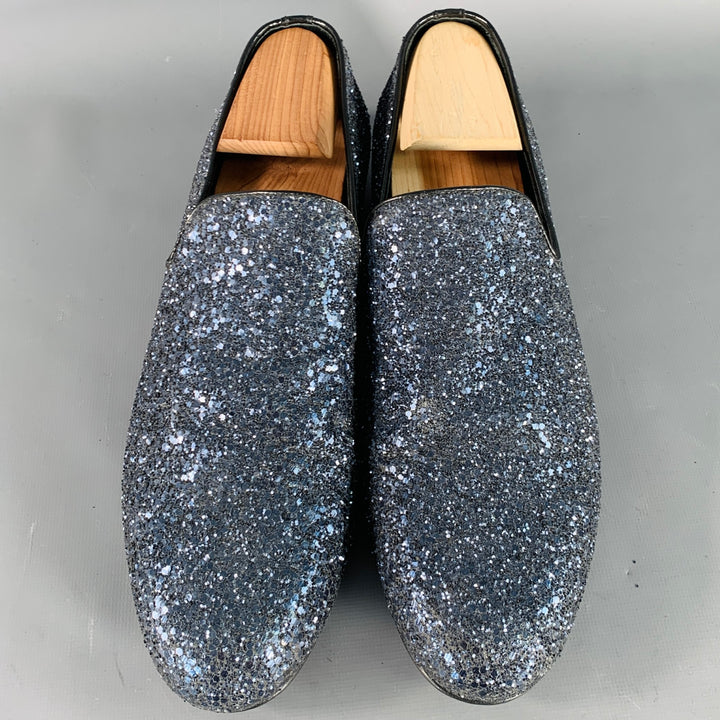 JIMMY CHOO Size 9 Thame Grey Black Glitter Leather Slip On Loafers