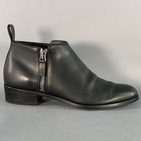 GUCCI Size 8 Black Leather Side Zipper Ankle Boots