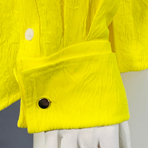 PROENZA SCHOULER Size L Neon Yellow Wrinkled Acetate Hidden Placket Long Sleeve Shirt