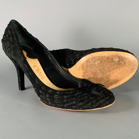 CHLOE Size 8.5 Black Suede Woven Ribbon Bow Heels Pumps