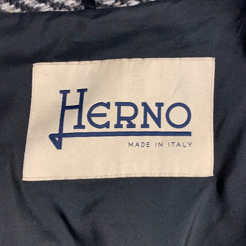 HERNO Size XL Black White Virgin Wool Blend Herringbone Belted Robe Coat