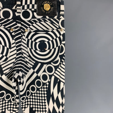 Vintage VERSACE JEANS COUTURE Size 32 Black White Abstract Print Cotton Pants