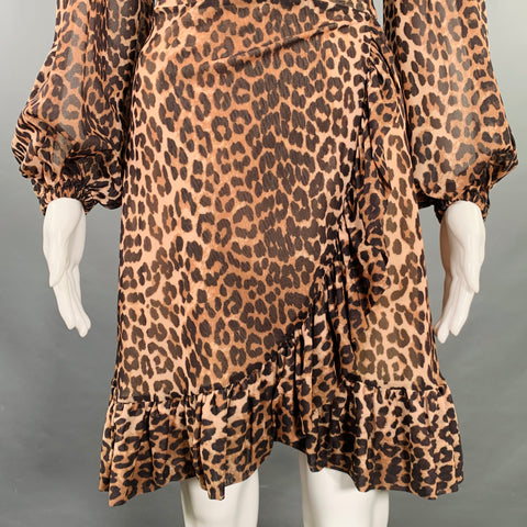 GANNI Size 2 Brown Beige Polyamide Animal Print Wrap Dress