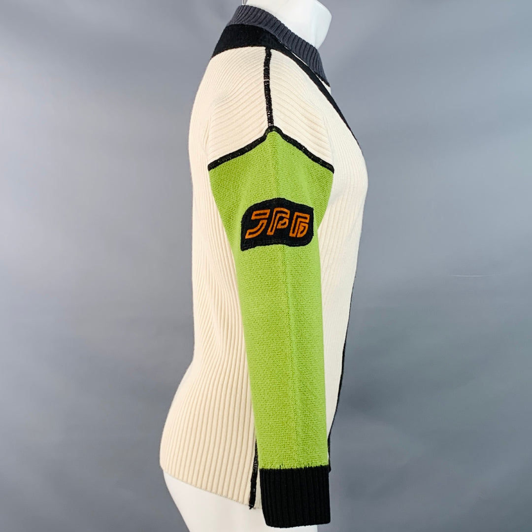 JEAN PAUL GAULTIER Size S Cream Green Wool Blend Knit Color Block Athletic Sweater