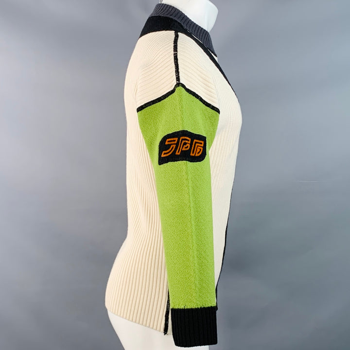 JEAN PAUL GAULTIER Size S Cream Green Wool Blend Knit Color Block Athletic Sweater