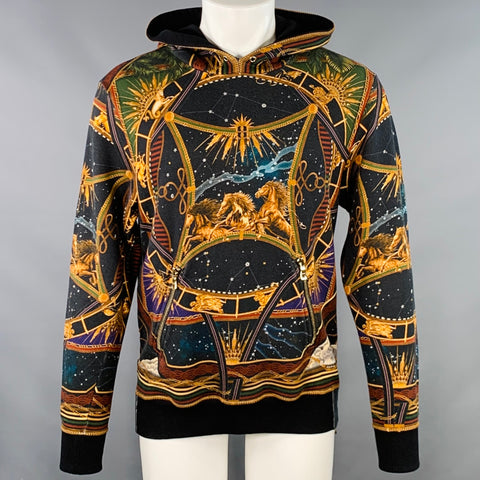 BALMAIN Size M Black Zodiac Horse Print Multi Color Astrology Cotton Hooded Sweatshirt