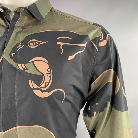 VALENTINO Size M Green Black Panther Print Cotton Button Up Long Sleeve Shirt
