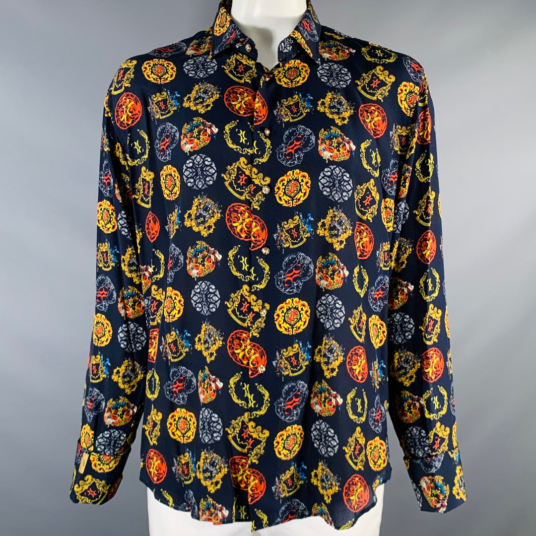 BILLIONAIRE COUTURE Size XL Navy Multi-Color Print Silk Long Sleeve Shirt