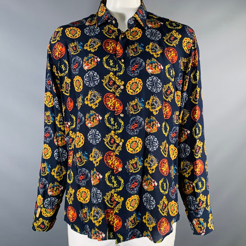 BILLIONAIRE COUTURE Size XL Navy Multi-Color Print Silk Long Sleeve Shirt