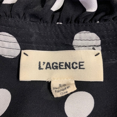 L'AGENCE Size S Black White Silk Polka Dot Open Collar Blouse