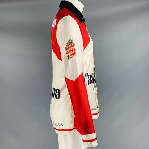 CASABLANCA Taille S AW21 Rouge Noir Blanc Logo Soie Boutons Cachés Chemise À Manches Longues