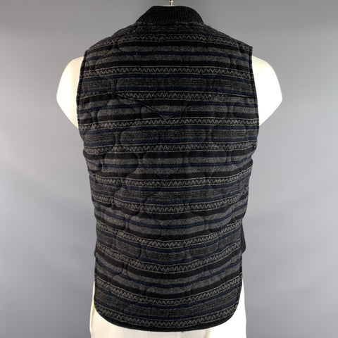 MONITALY Size 42 Grey Navy & Black Stripe Wool Ribbed Collar Vest
