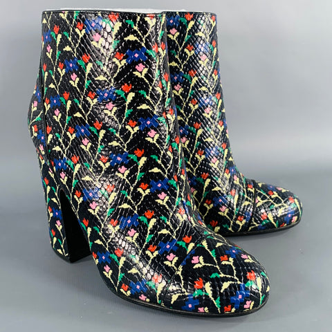 MARC JACOBS Size 7 Cora Black Multi Color Leather Floral Side Zipper Boots