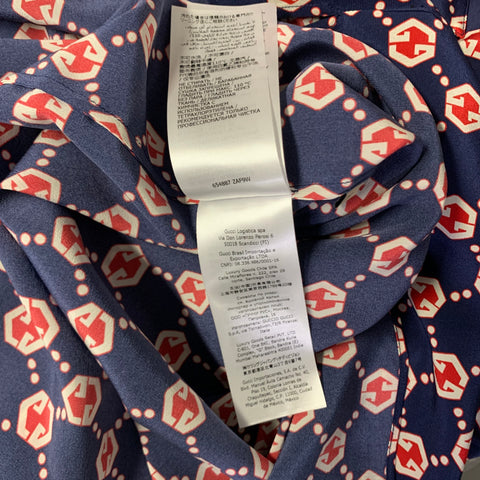 GUCCI Size M Navy Red & White Monogram Silk Pop Over Short Sleeve Shirt