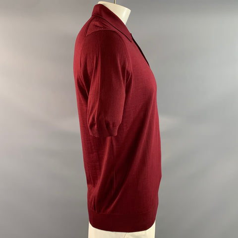 PRADA Size L Burgundy Knitted Wool Buttoned Polo