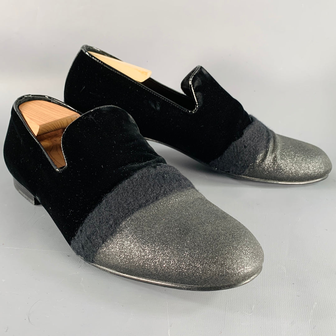 JIMMY CHOO Size 11.5 Black Grey Glitter Velvet Loafers